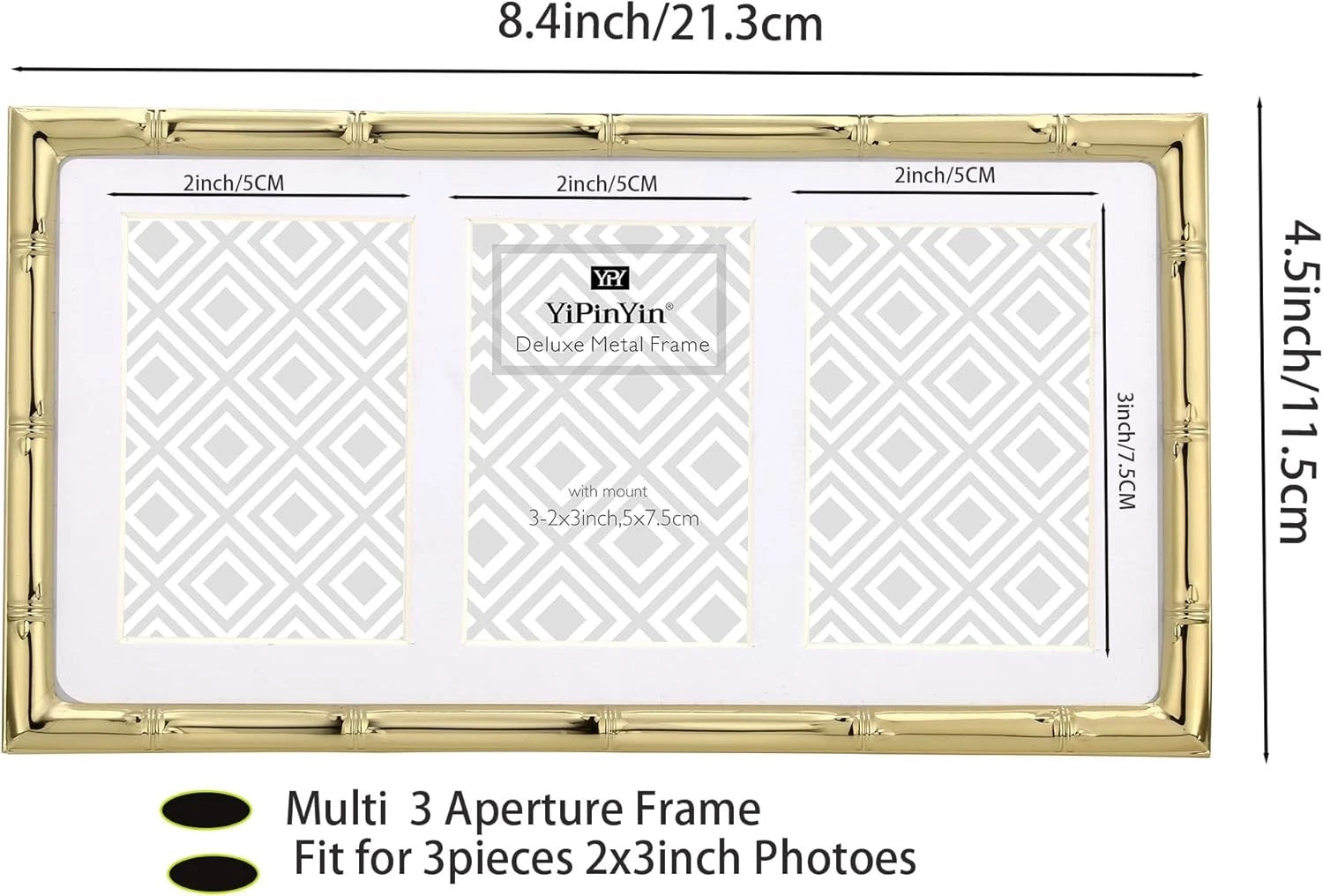 3-2x3 inch golden multi-metal photo frame, three-piece design, set of 2 07FC0E-D4 - KOEEK