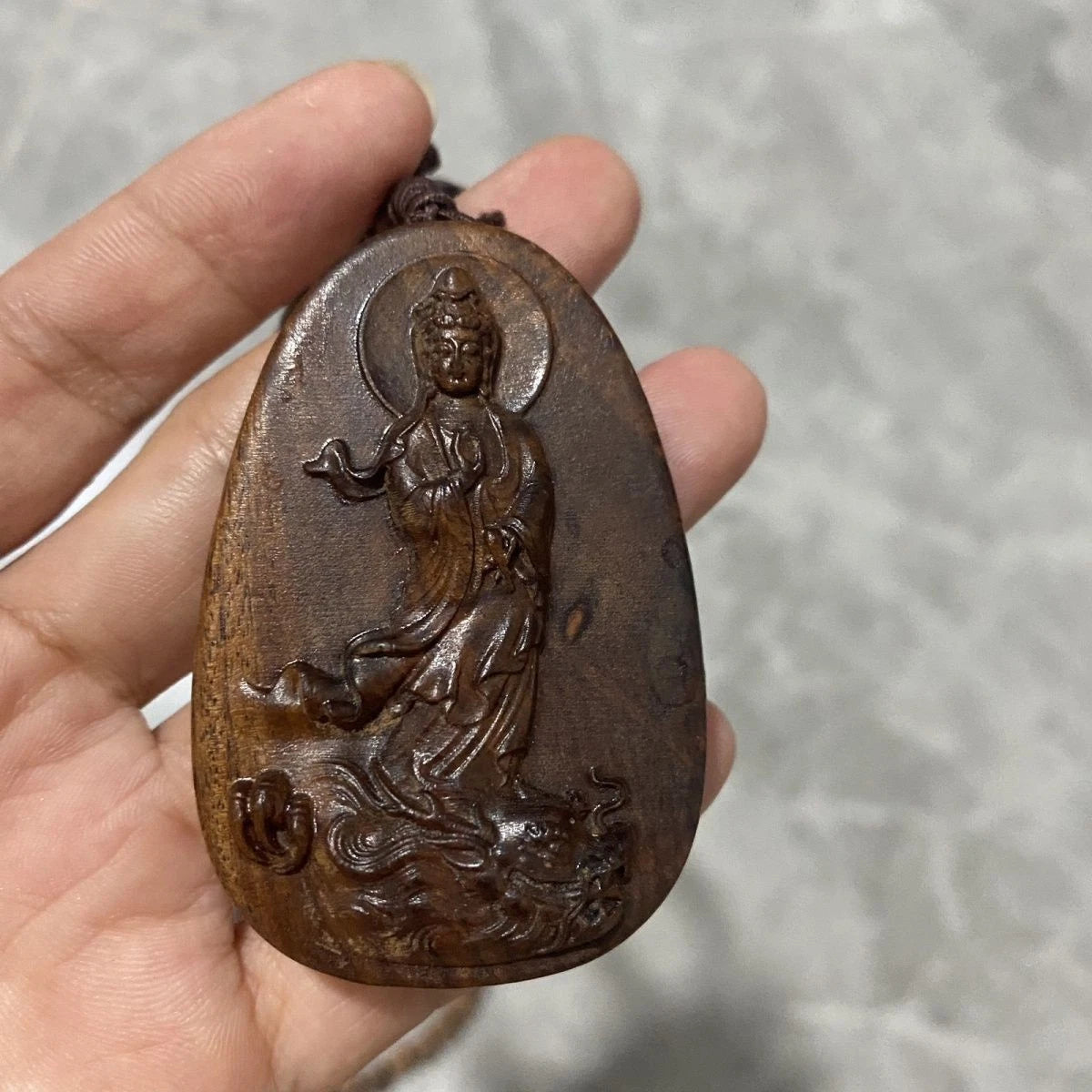 Vietnam Nha Trang Agarwood Guanyin Pendant Necklace Natural Wood Charm 07FC0E-D4 - KOEEK
