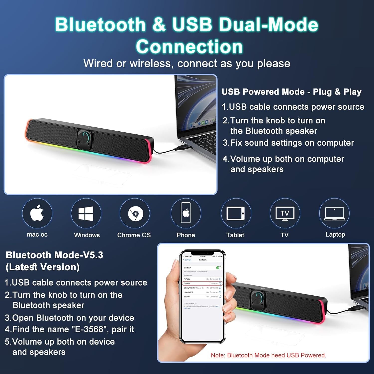 new Computer Speakers - Wired USB Powered Bluetooth E-3568 Black, Black 07FC0E-D4 - KOEEK