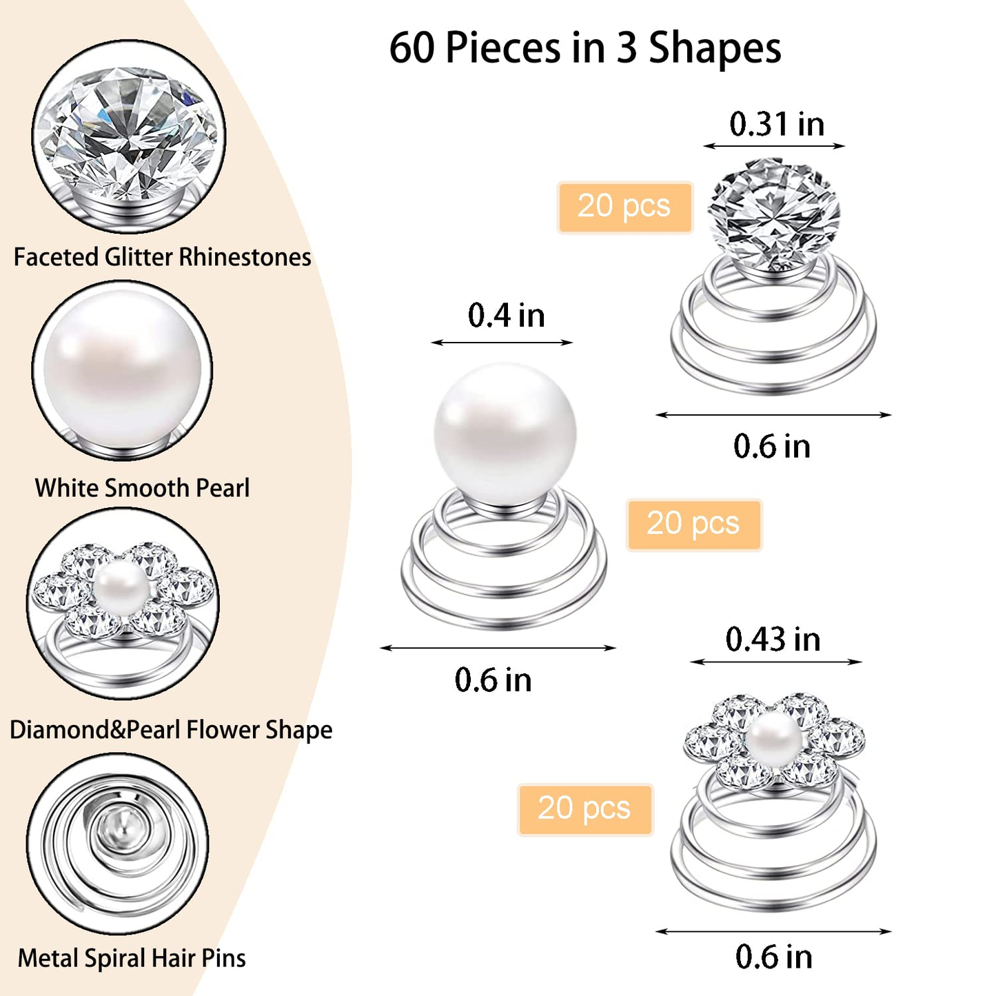 ny 60 STK 3 figurer ædelstene Rhinestone Twister hårnitter sæt Diamond Spiral Pearl Flow