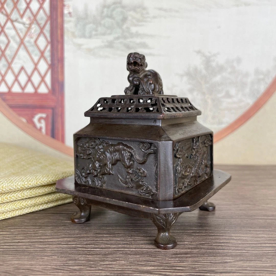 Chinese Style Four Beasts Incense Burner Set Bronze Tone With Lid Decor 07FC0E-D4 - KOEEK