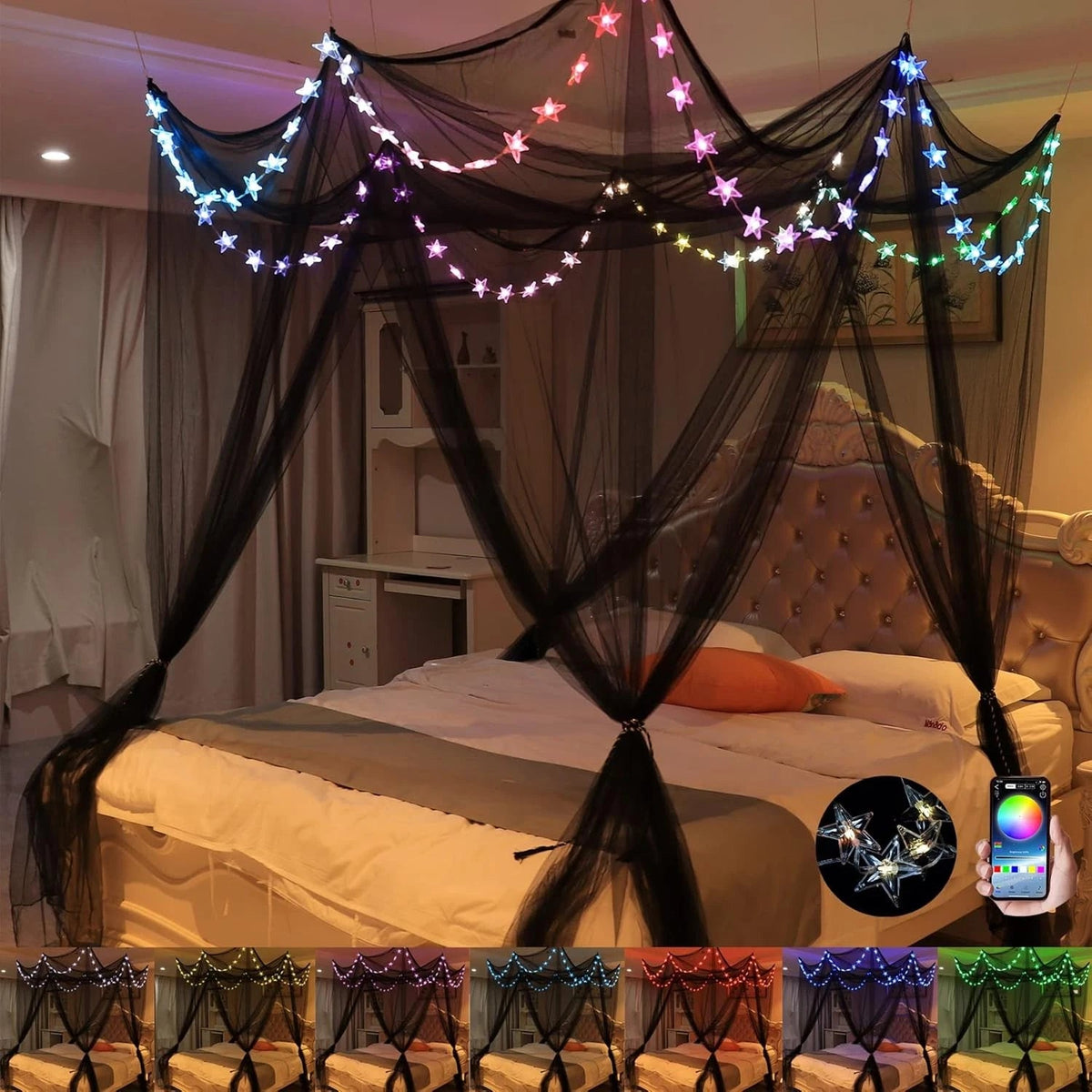 Bed Canopy with LED Star Lights, Canopy Bed Curtain with RGB Color Changing 07FC0E-D4 - KOEEK