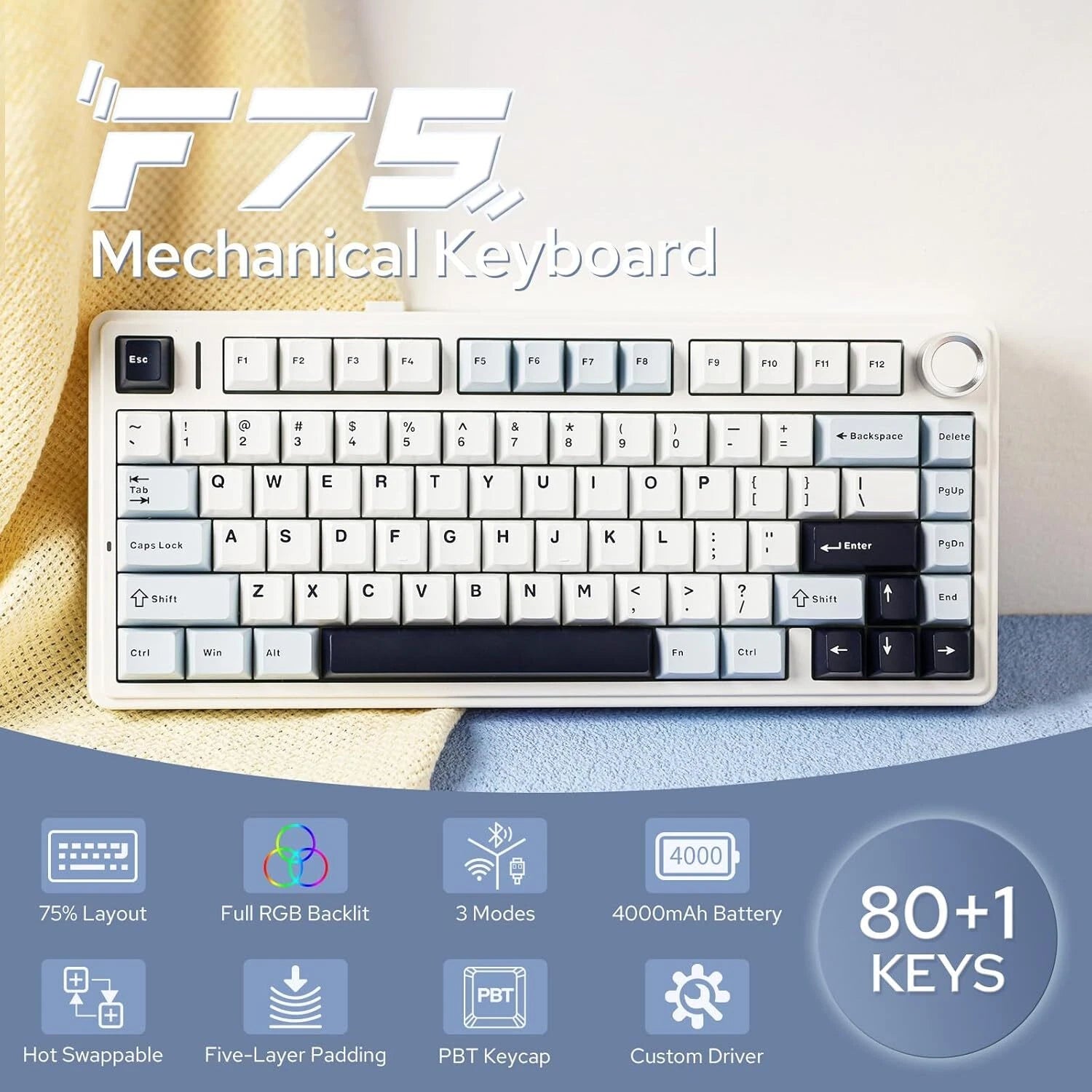 Mechanical Keyboard, 75% Wireless Hot Swap Gaming Keyboard 07FC0E-D4 - KOEEK