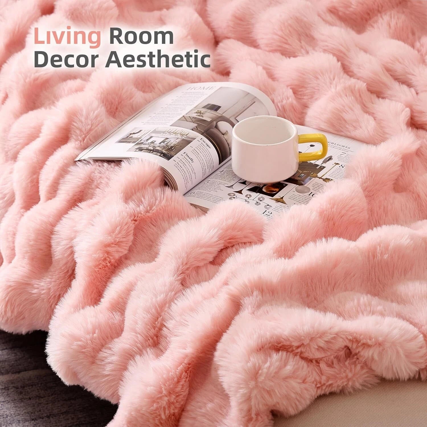 Fur Throw Blanket for Couch – Blush Pink Fluffy Cozy Rabbit Fleece, Plush Soft 07FC0E-D4 - KOEEK