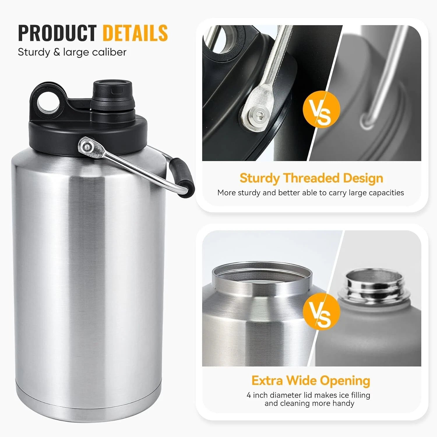 Insulated Gallon Jug with Handle, One Gallon, 128 oz Stainless Steel 07FC0E-D4 - KOEEK
