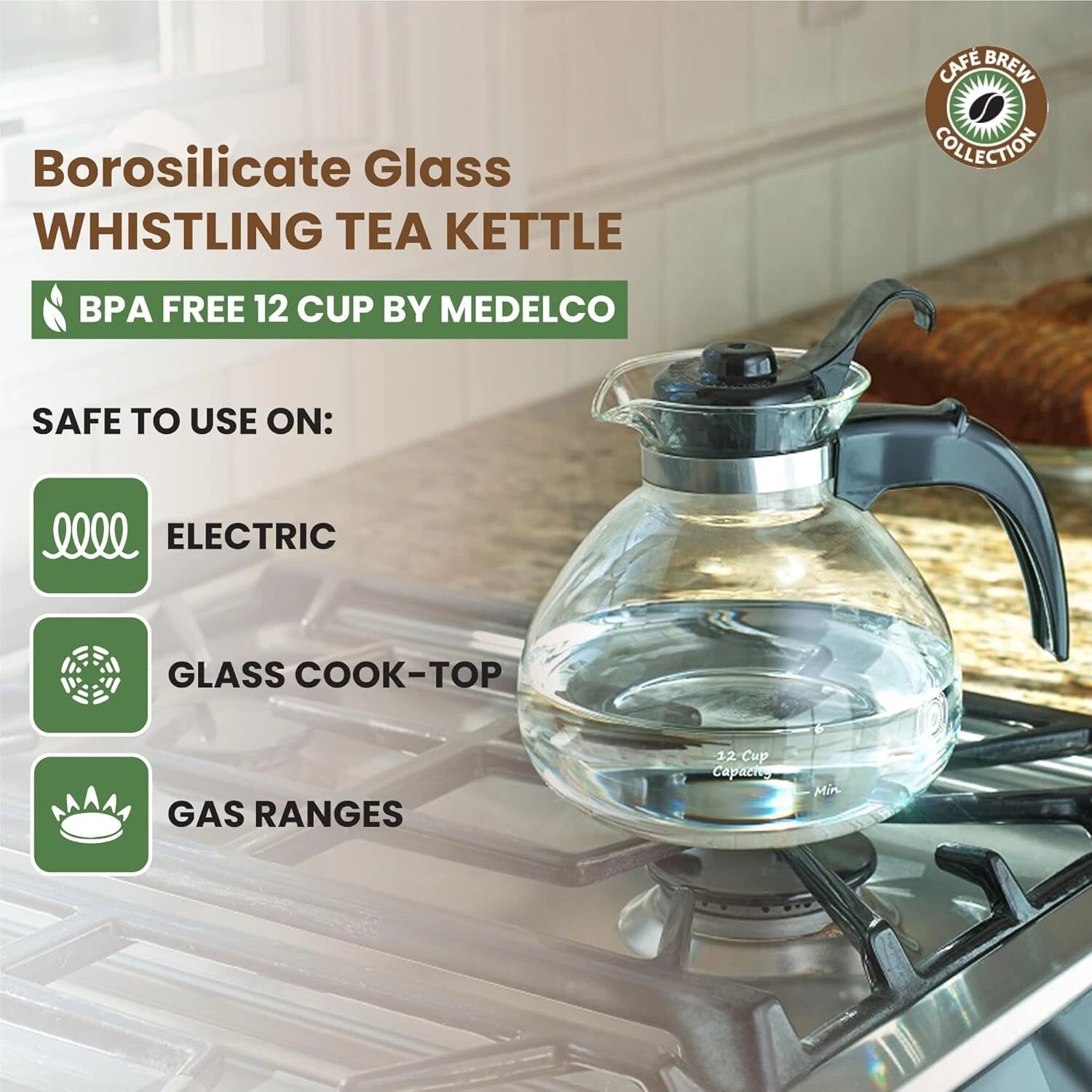 Borosilicate Glass Stove Top Whistling Tea Kettle 12 Cup/48oz Capacity -BPA-Free 07FC0E-D4 - KOEEK