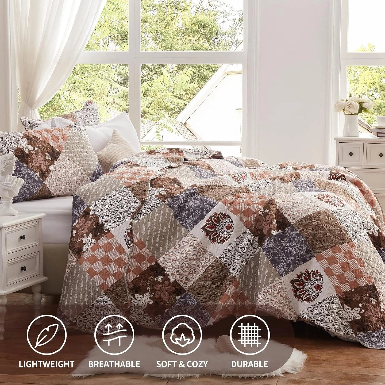 Full/Queen Size Quilt Set 3 Pieces Lightweight Reversible Bedspread-90''x98'' 07FC0E-D4 - KOEEK