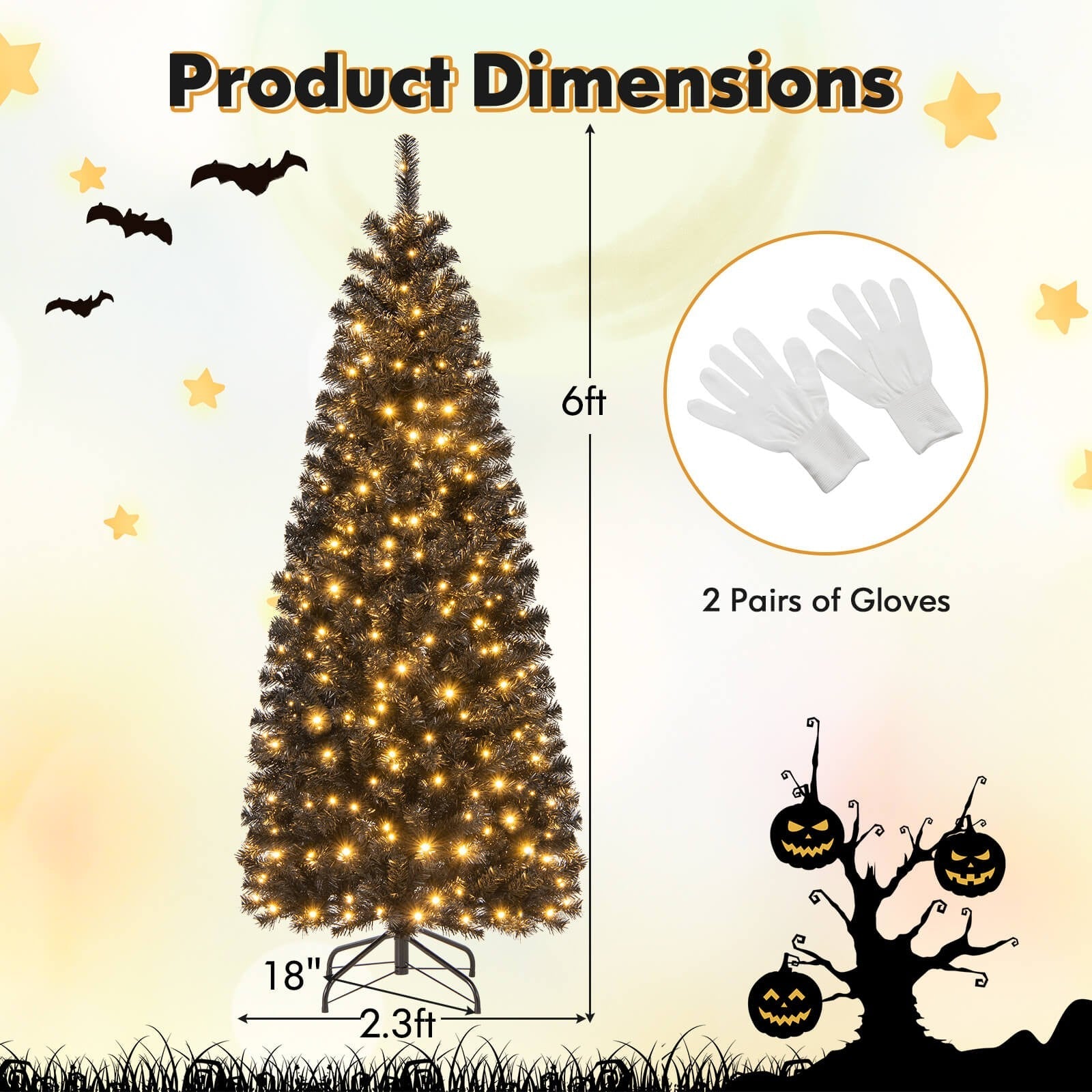 Costway 6' Pre-lit PVC Christmas Halloween Pencil Tree Black w/ 280 LED Lights COSTWAY - KOEEK