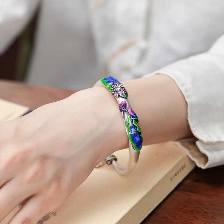 Ladies' Retro Cloisonn É Koi Lotus Push Pull Enamel Bracelet 07FC0E-D4 - KOEEK