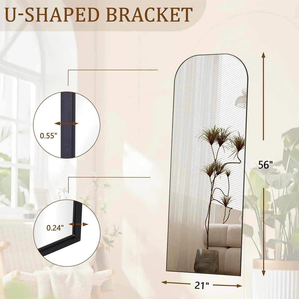 56"x21" Mirror Full Length with Stand, Black Top Square-Edged Floor Mirror 07FC0E-D4 - KOEEK