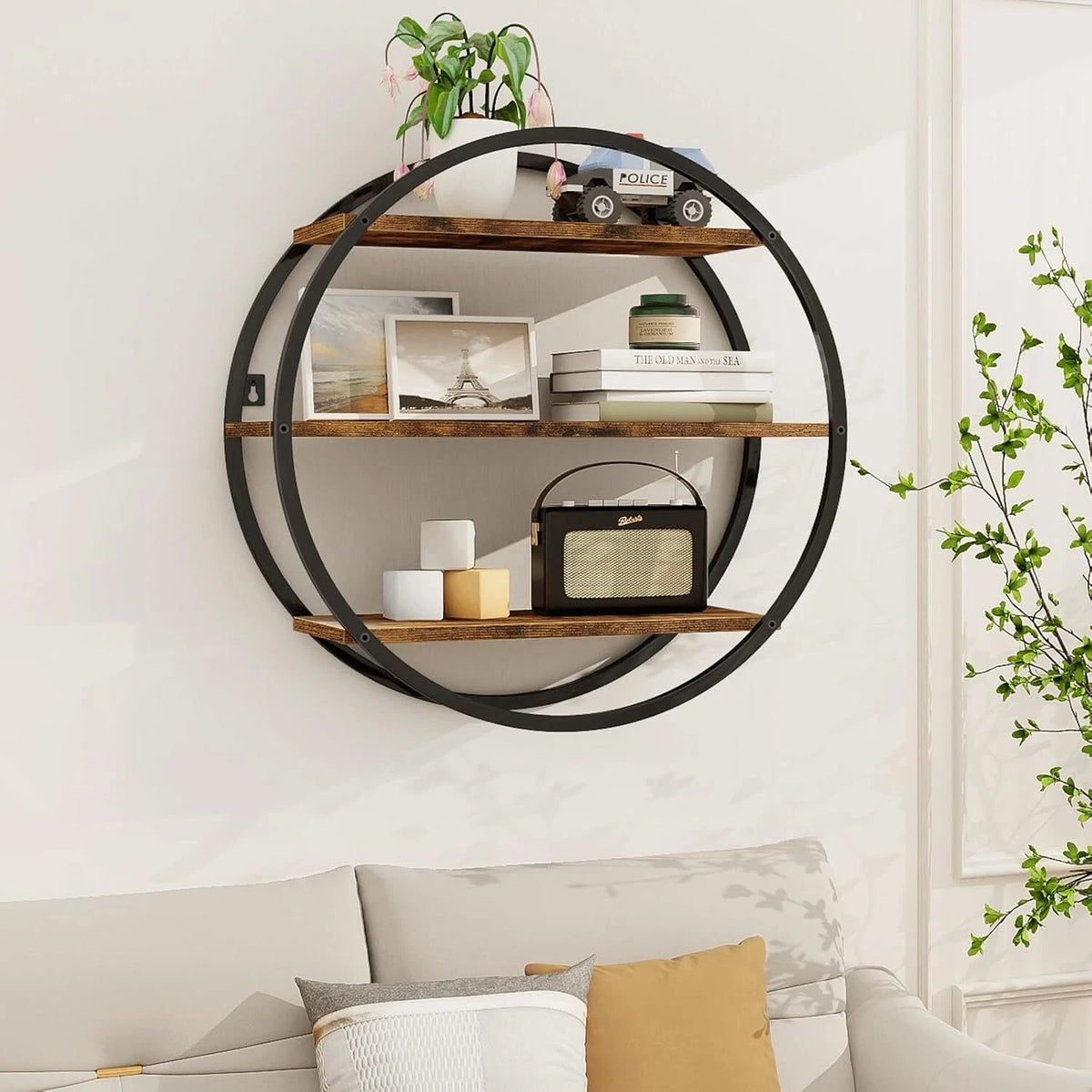 Floating Shelf, 3 Tiers of Decorative Geometric Round Metal, Rustic Brown