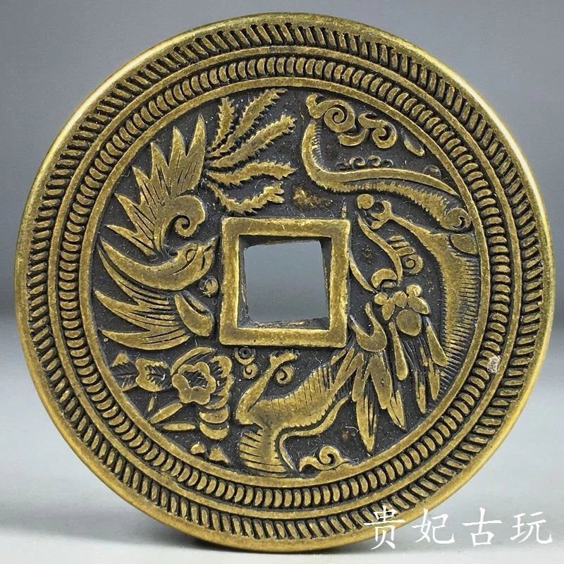 43mm Old Copper 长命富贵 Coin Chinese Dragon Phoenix Brass Collect  Pendant 07FC0E-D4 - KOEEK