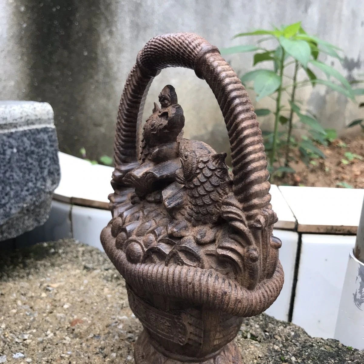 Vietnam Agarwood Flower Basket Figurine 18cm Wood Carving Feng Shui Decor Gift 07FC0E-D4 - KOEEK