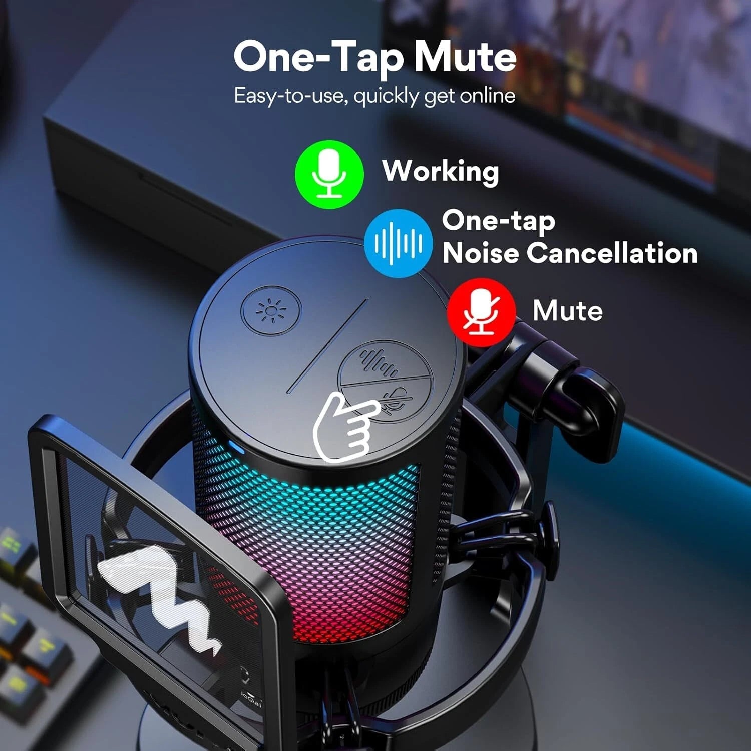 Computer Gaming Microphone with RGB Lights, Mute, Noise Canceling Microphone 07FC0E-D4 - KOEEK