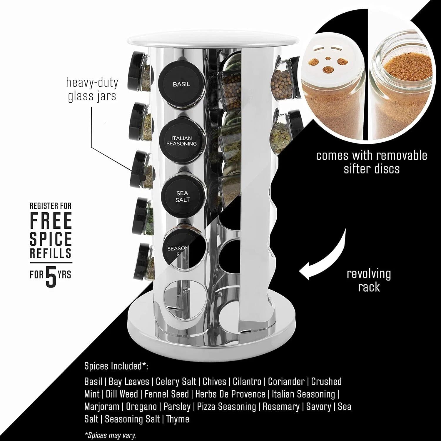 20-can rotating tabletop spice rack, polished stainless steel, black lid 07FC0E-D4 - KOEEK