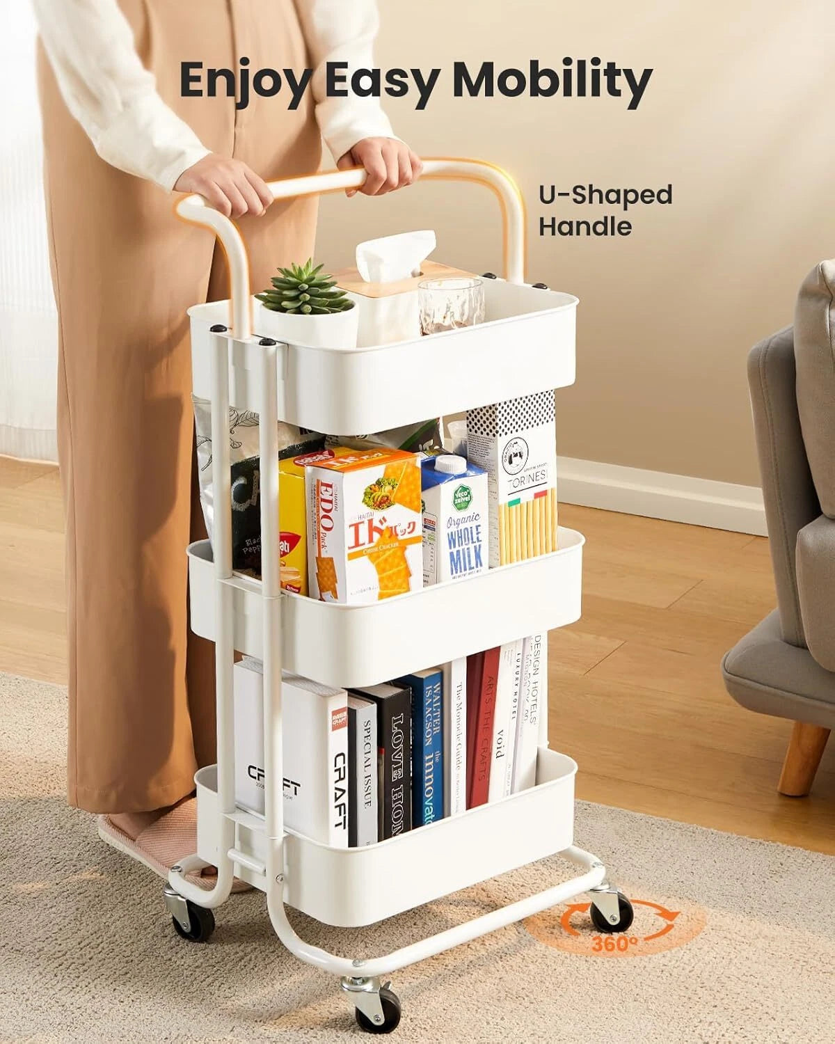 3-Tier Mesh Utility Cart, Rolling Metal Organizer,Multi-Functional Storage Shelf 07FC0E-D4 - KOEEK