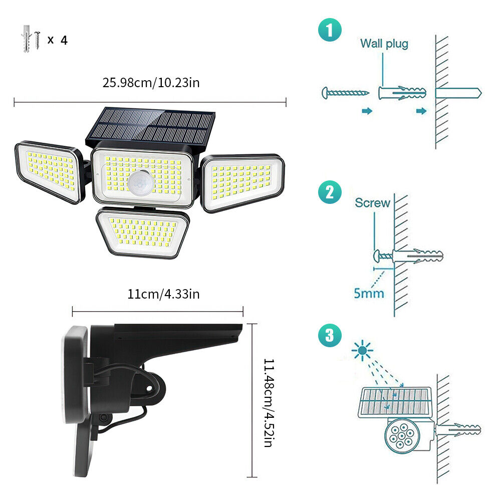 nye Solar Security Lights 4 Head 90000LM Motion Sensor Lights Justerbar Flood Light