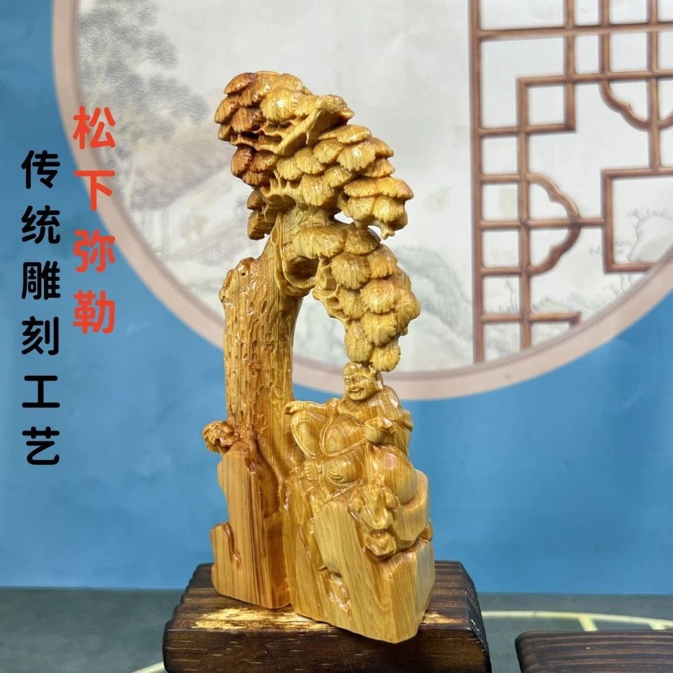 Cai Bai Wood Carved Laughing Buddha Figurine Under Tree Home Décor Chinese Style 07FC0E-D4 - KOEEK