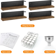 Magnetic Spice Rack with 24 Jars, 216 Labels, 1 Steel Funnel for Refrigerator 07FC0E-D4 - KOEEK