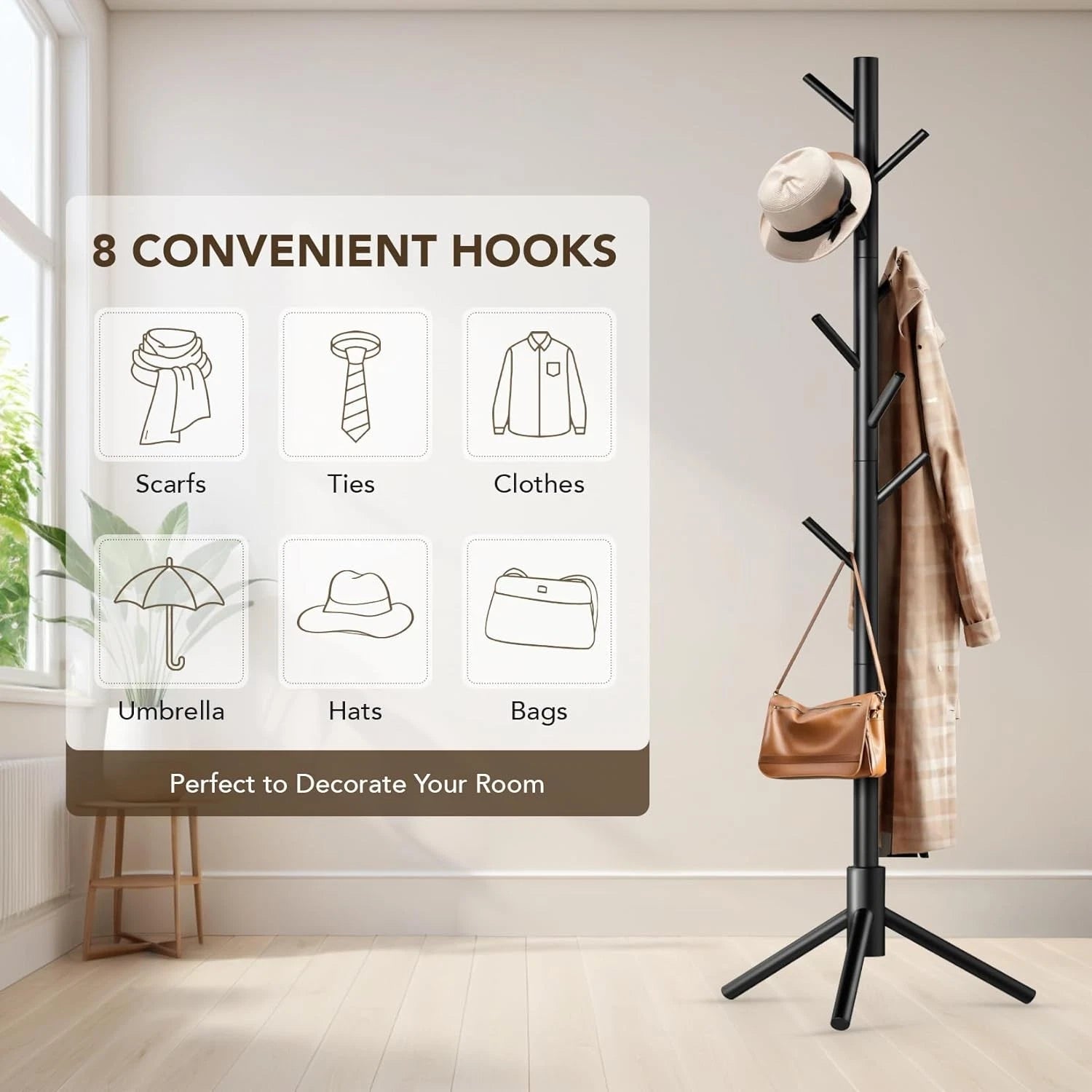 Wooden Tree Coat Rack Stand,Sturdy Freestanding Coat Rack with 8 Hooks 07FC0E-D4 - KOEEK