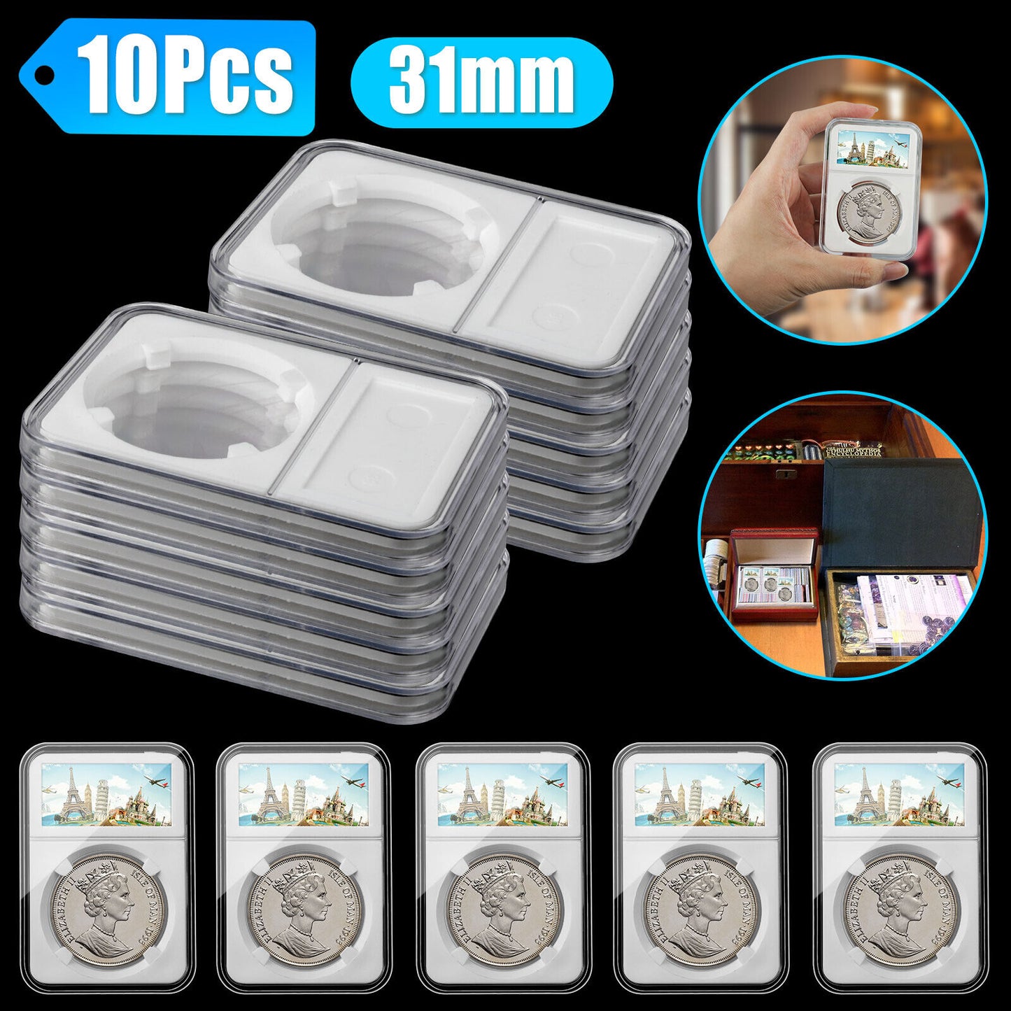 10 PCS Coin Slab Display Holder Stand Storage Case Box 31mm For JFK Half Dollar koeek - KOEEK