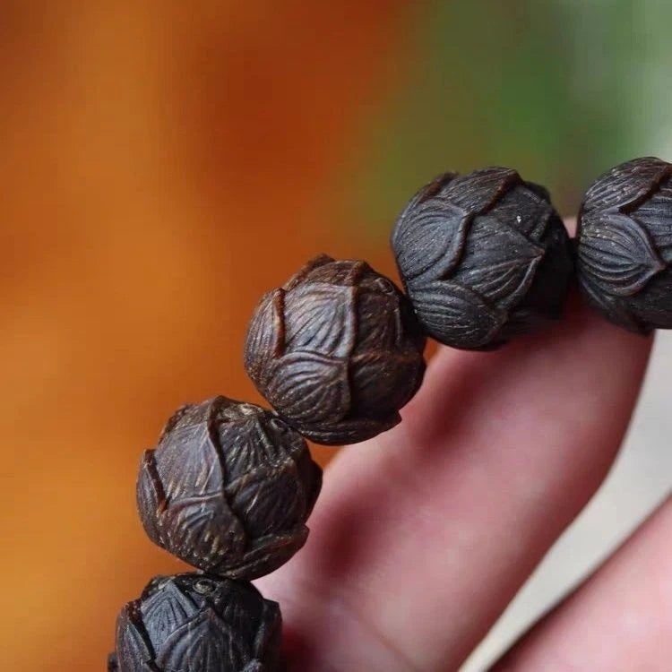 Vietnam Black Qi Nan Old Material 16mm Agarwood Carved  Lotus Bead Bracelet 07FC0E-D4 - KOEEK