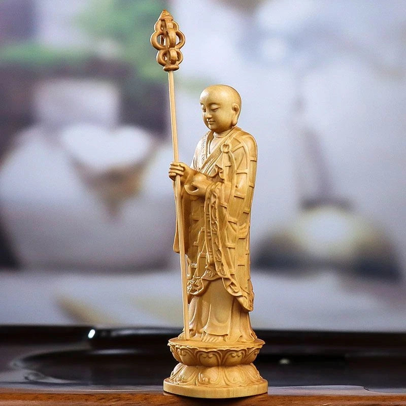 10cm Boxwood Ksitigarbha Bodhisattva Statue Wooden Home Altar Decor Figurine 07FC0E-D4 - KOEEK
