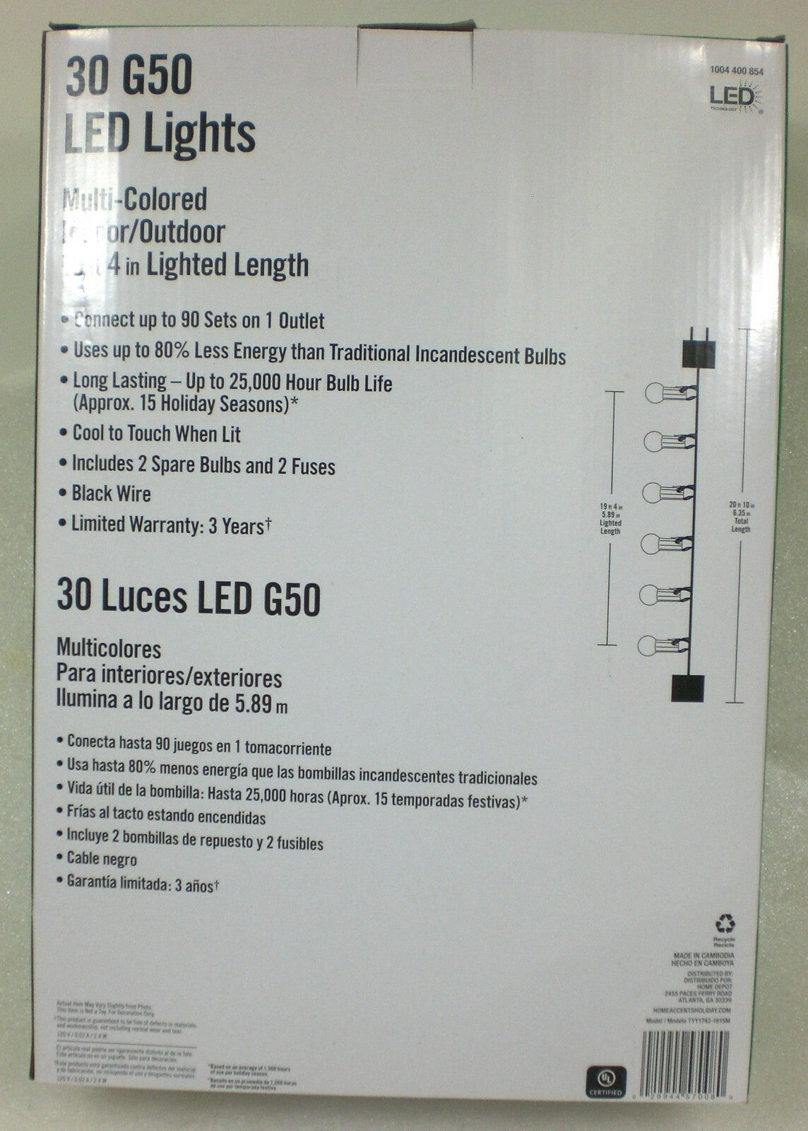 Home Accents 30 Lights G50 LED Christmas Lights Multi Color 19 Feet Long Patio 07FC0E-D4 - KOEEK