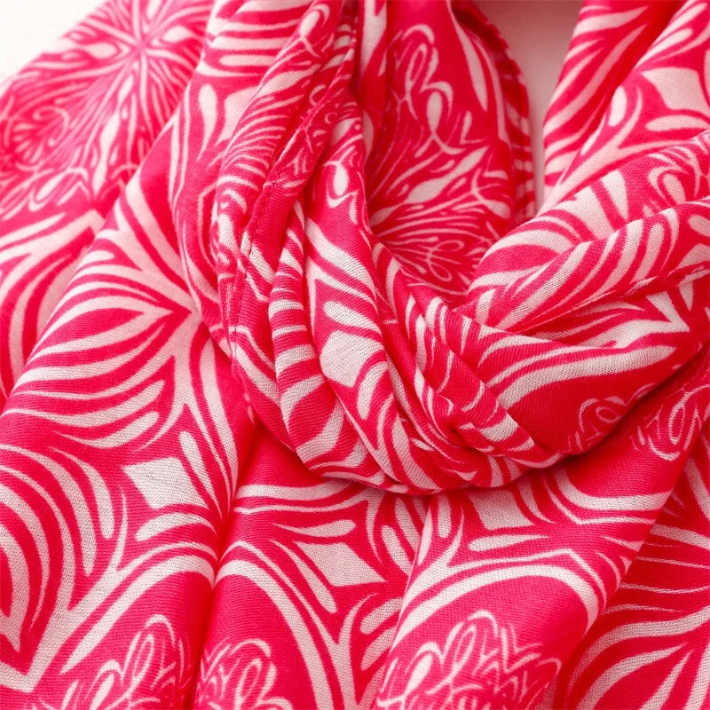 Womens Bright Pink Floral Scarf Tasseled Pashmina Neck Wrap Shawl Bandana 07FC0E-D4 - KOEEK