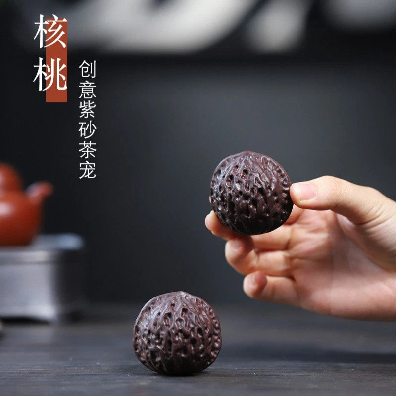 1Pair 4.4cm Yixing Purple Clay Handcarved Walnut Tea Pet Handball Luck Ornament 07FC0E-D4 - KOEEK
