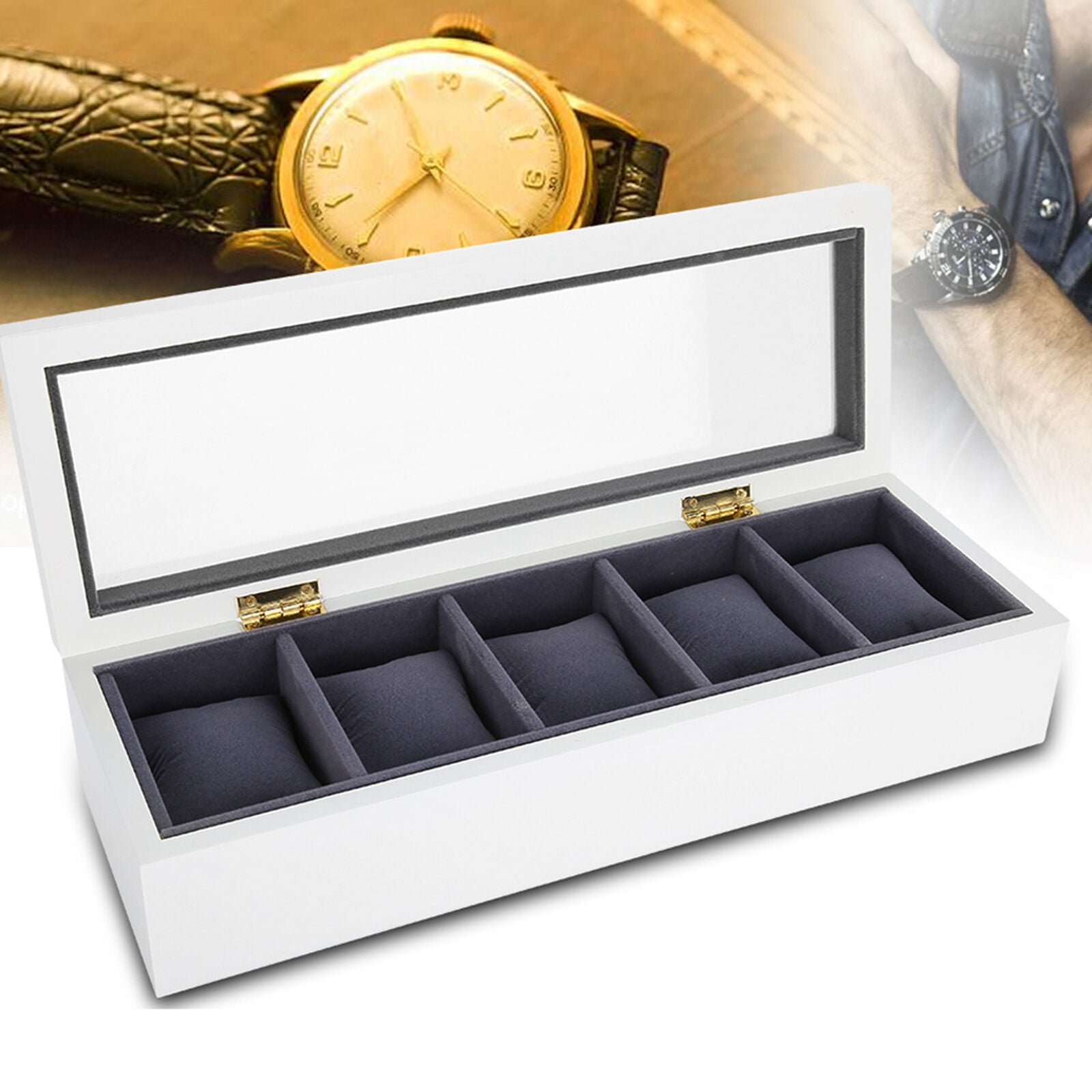 ny (Hvit) Watch Box Display Case 5 Slot Glass Oppbevaringsboks Organizer Klokke smykker