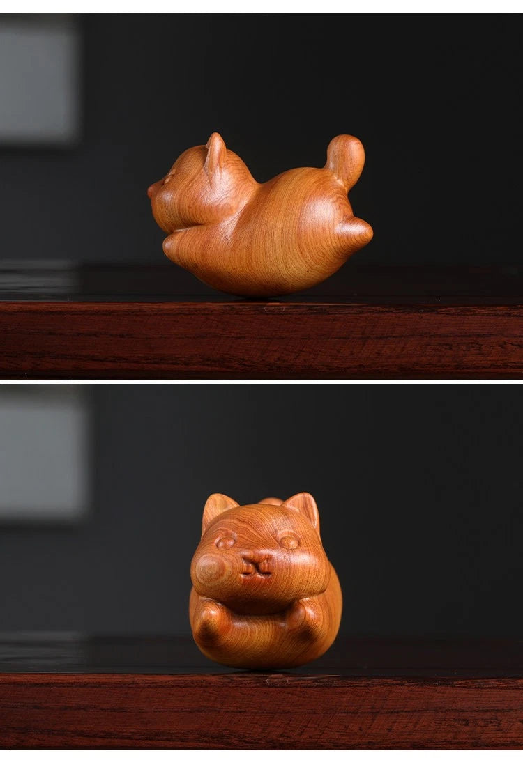 Wooden Carving Cat Figurine, Cute Rustic Pine Wood Tabletop Ornament 07FC0E-D4 - KOEEK