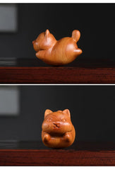 Wooden Carving Cat Figurine, Cute Rustic Pine Wood Tabletop Ornament 07FC0E-D4 - KOEEK