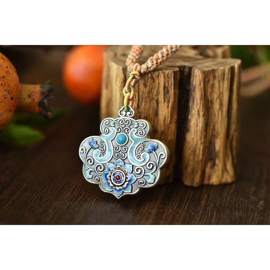 Silver Plated Enamel Locket Necklace 45mm Chinese Style Handmade Pendant Cord 07FC0E-D4 - KOEEK