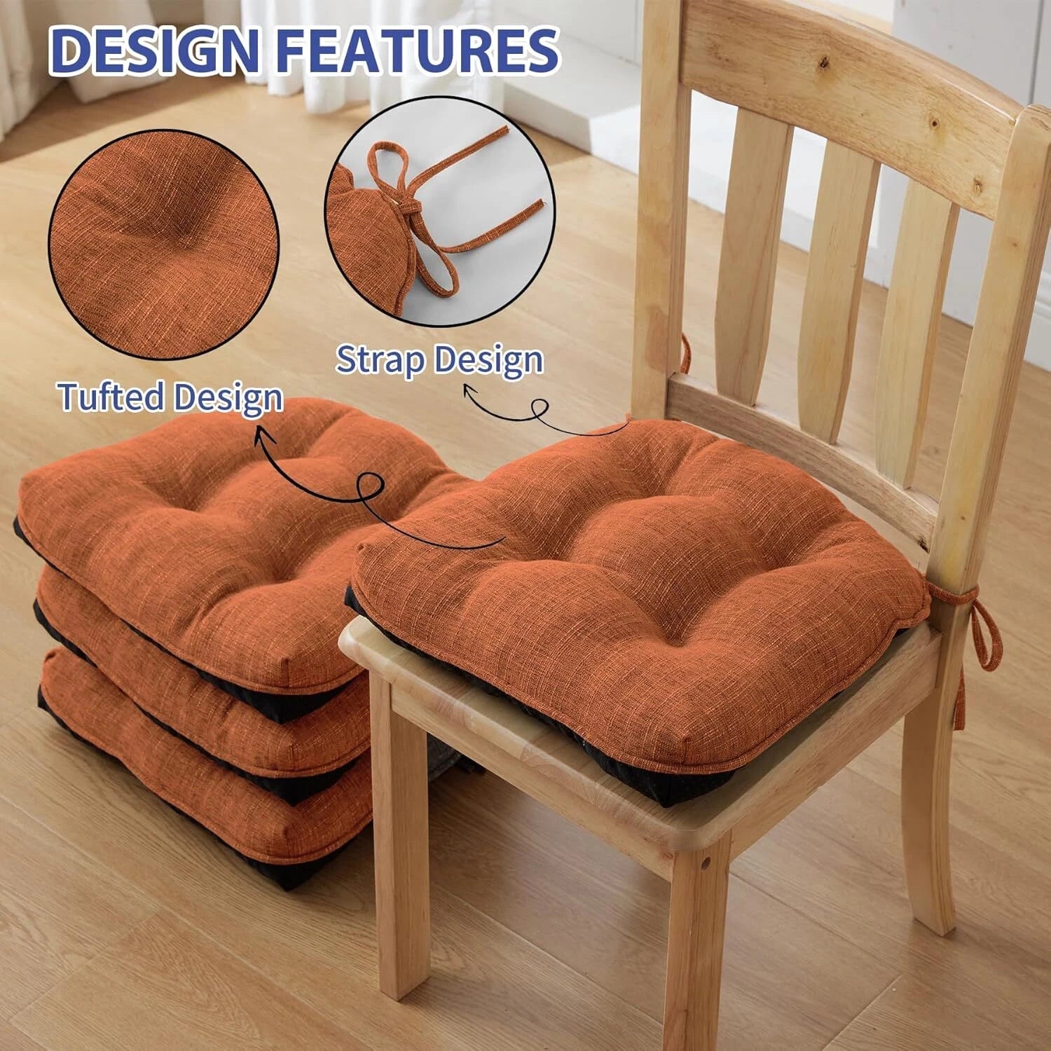 Set of 4 dining chair cushions with tie-down straps and non-slip back cushions 07FC0E-D4 - KOEEK