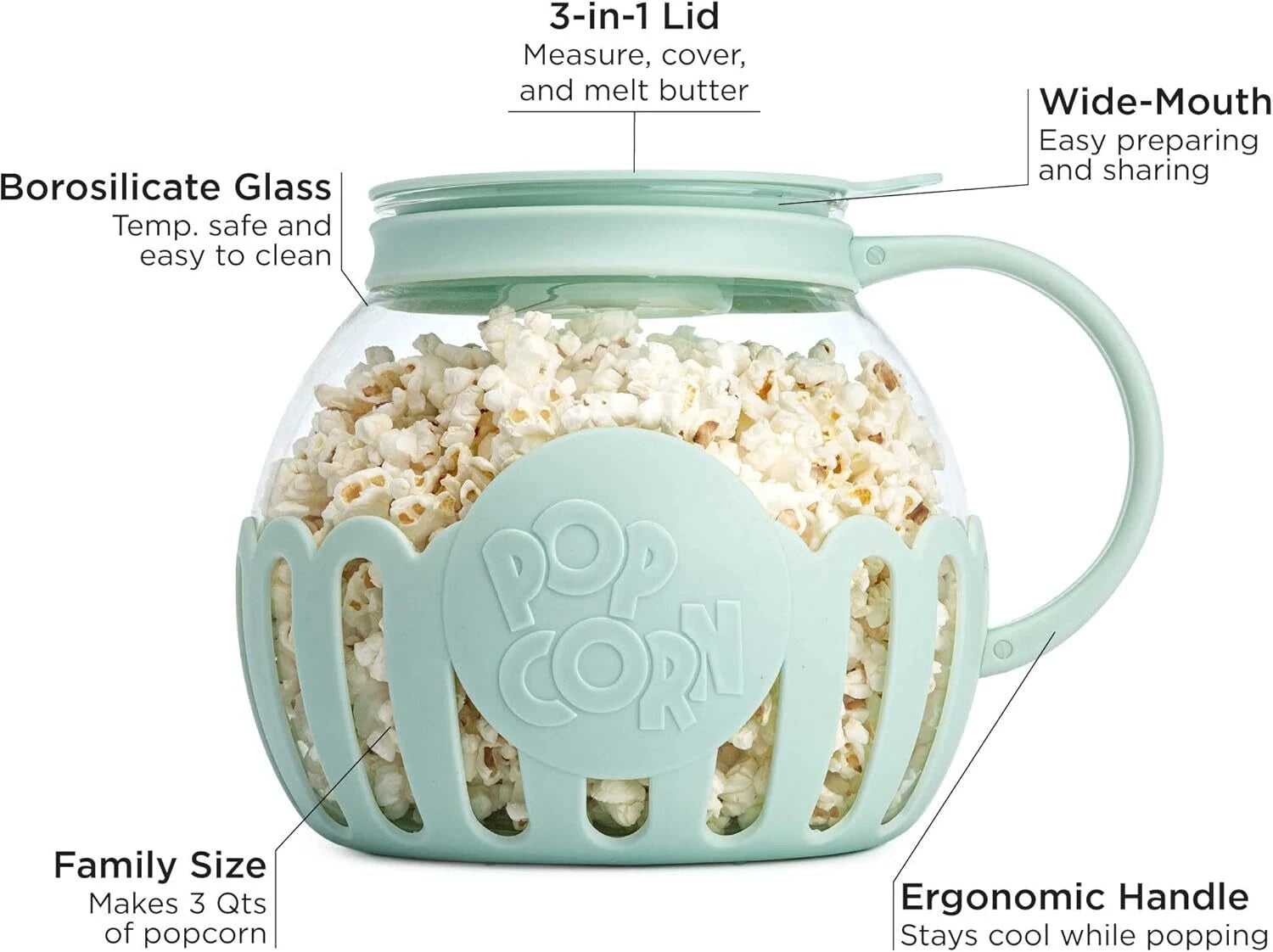 Microwave Popcorn Maker with Glass, 3-in-1 Lid, Melted Butter,3-Quart,Aqua Green 07FC0E-D4 - KOEEK