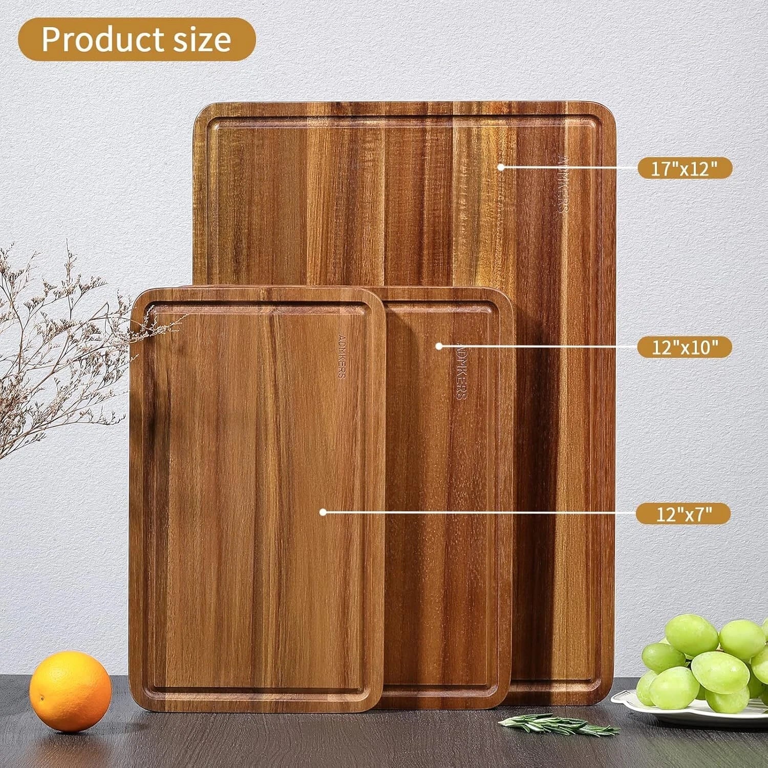 Wood Cutting Boards Set of 3 for Kitchen, Thick Chopping Board, Large Wooden 07FC0E-D4 - KOEEK