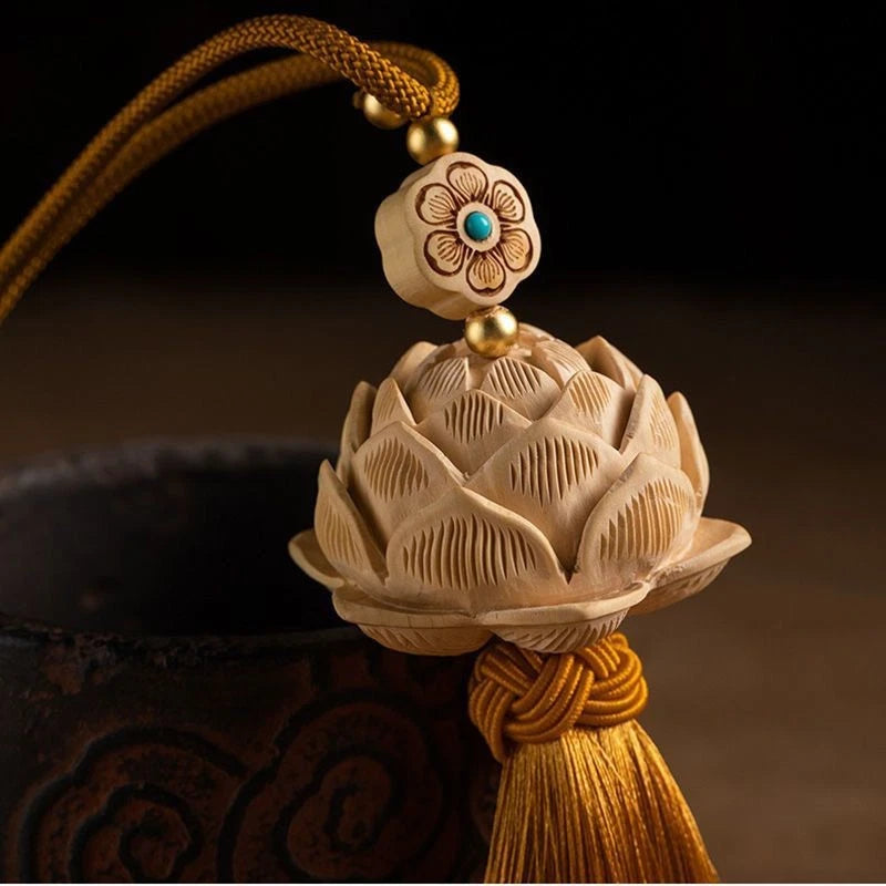 Boxwood Lotus Rearview Mirror Hanging Ornament Tassel Car Charm Unisex 07FC0E-D4 - KOEEK