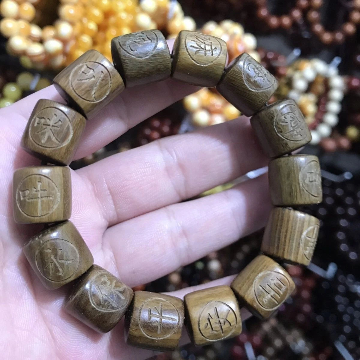 Green Sandalwood Bracelet 20mm Beads Six Syllable Mantra Mala Agarwood Beads 07FC0E-D4 - KOEEK