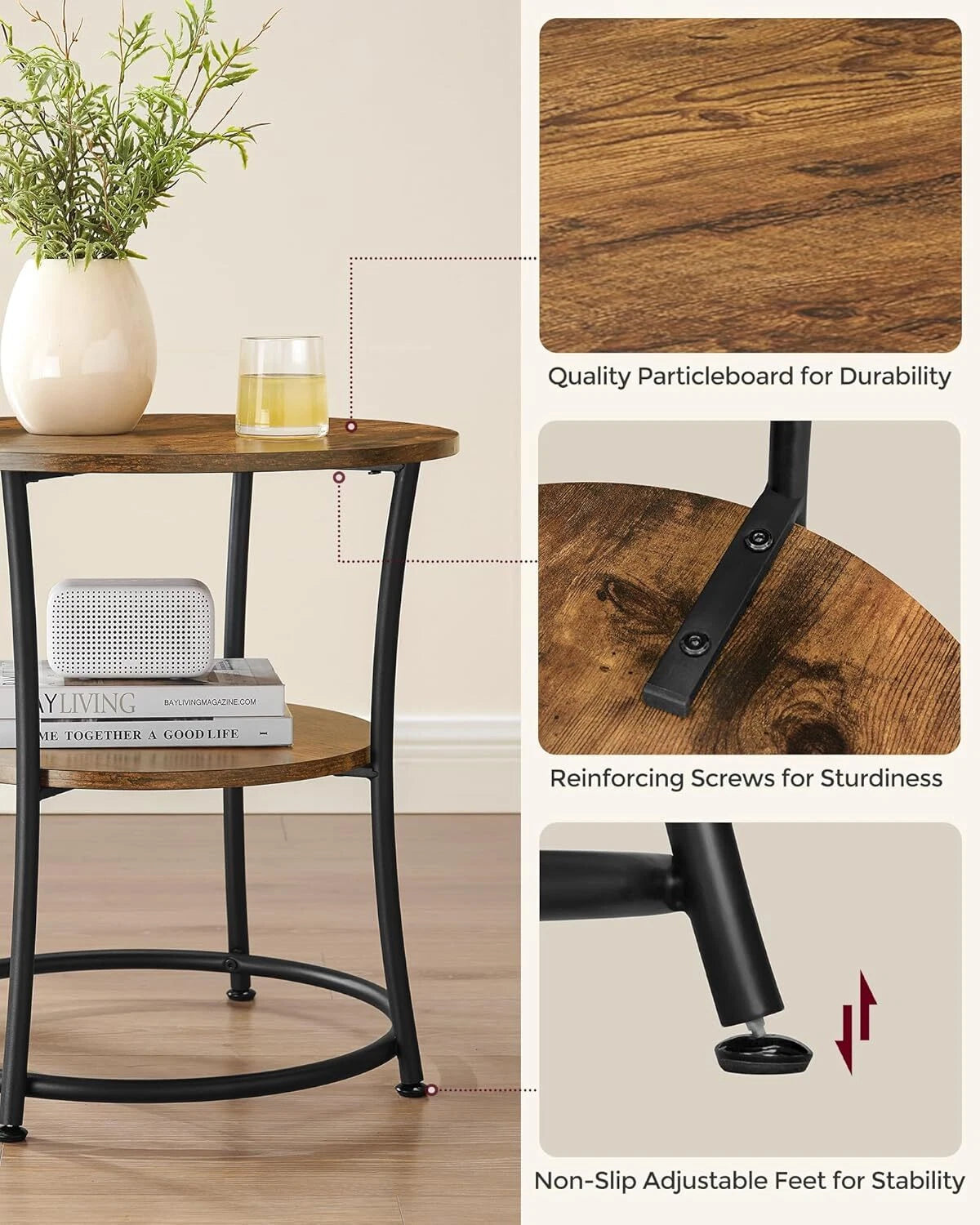 Side Table, Round Side Table with 2 Shelves, Rustic Brown and Ink Black 07FC0E-D4 - KOEEK