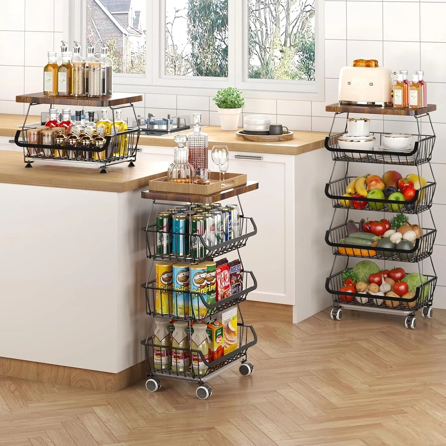 Kitchen Fruit Basket with Wooden Lid, 4 Tier Stackable Wire Storage Basket 07FC0E-D4 - KOEEK