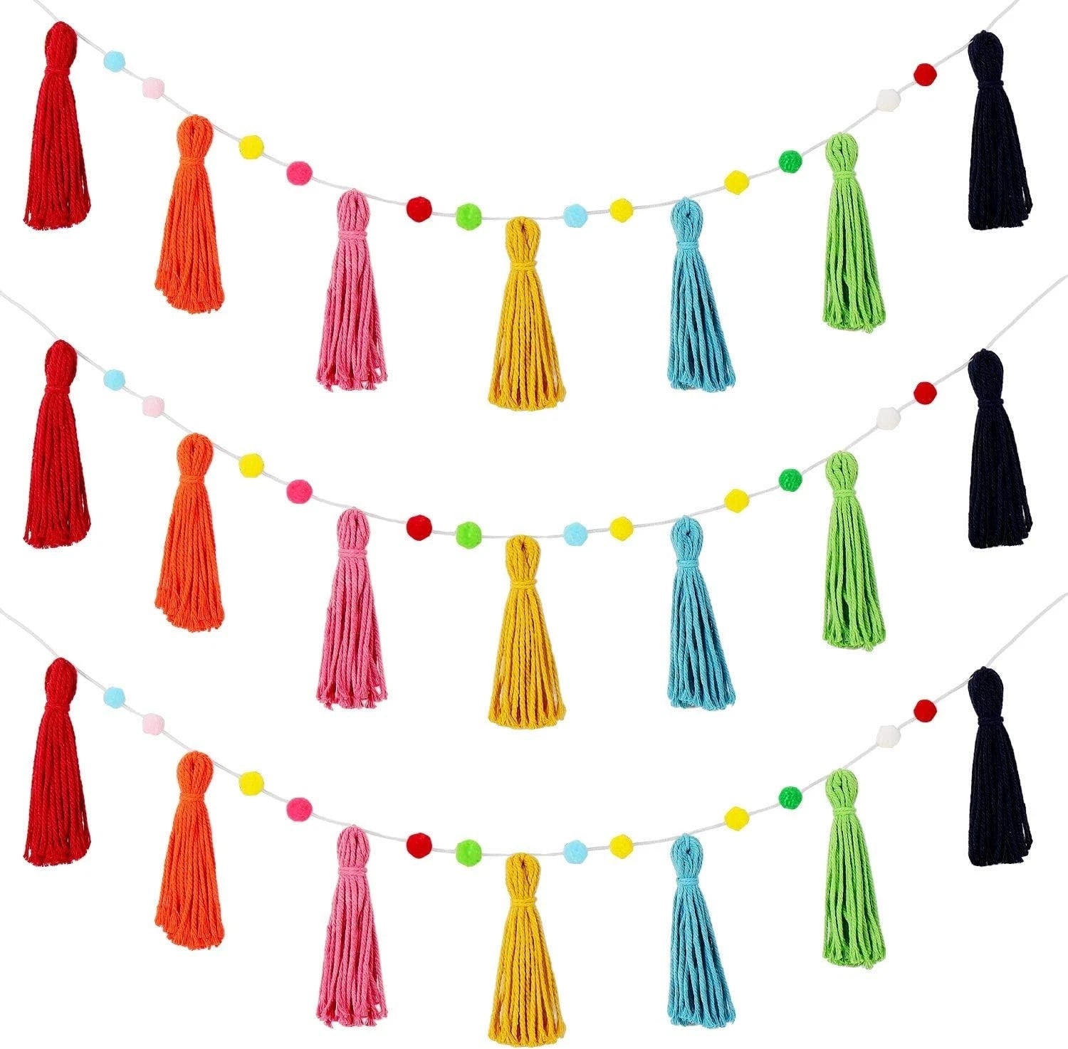 3 colorful Bohemian tassel hangings Rainbow pom-poms Each 50 inches long 07FC0E-D4 - KOEEK