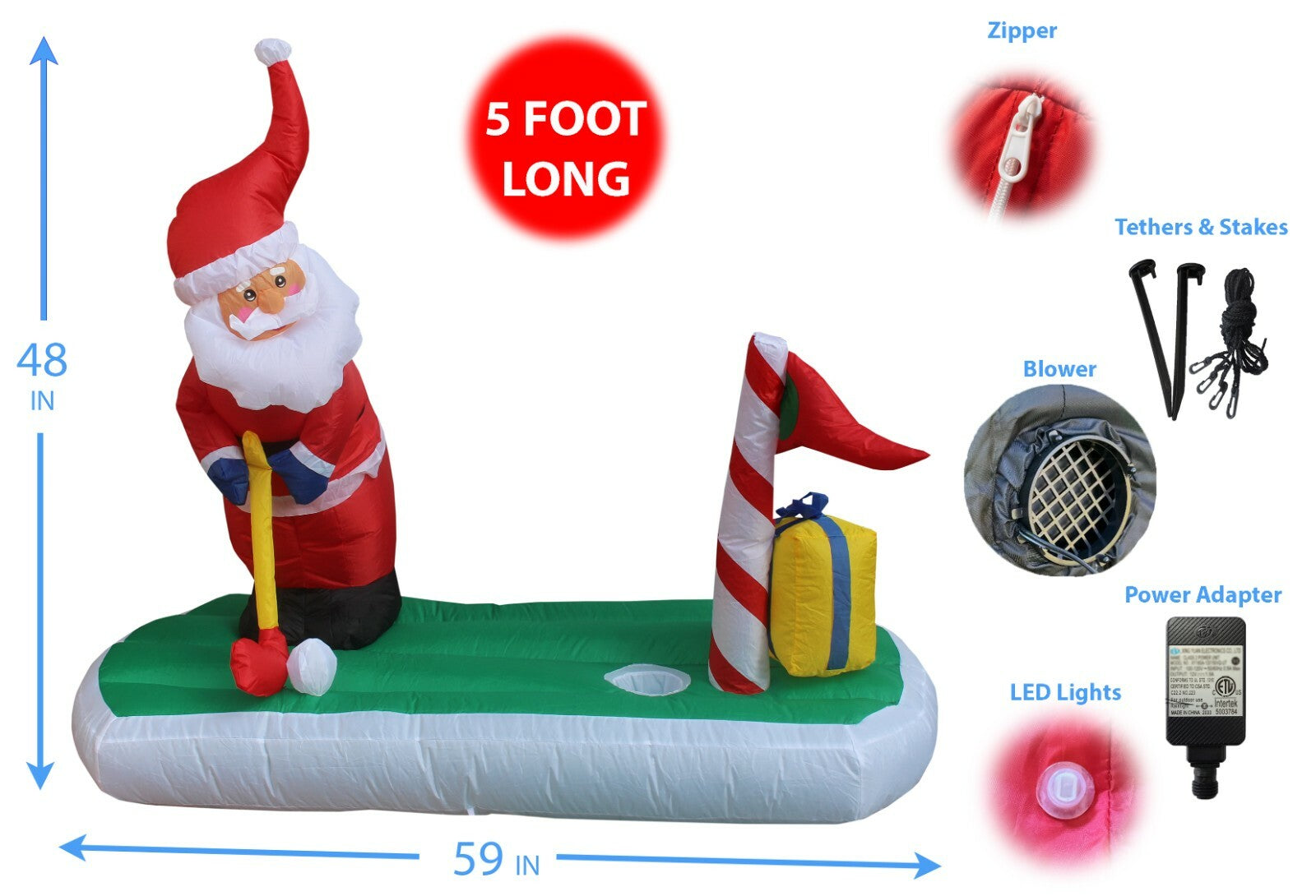 5 Foot Long Christmas Inflatable Santa Claus Golf Lights Blowup Yard Decoration 07FC0E-D4 - KOEEK