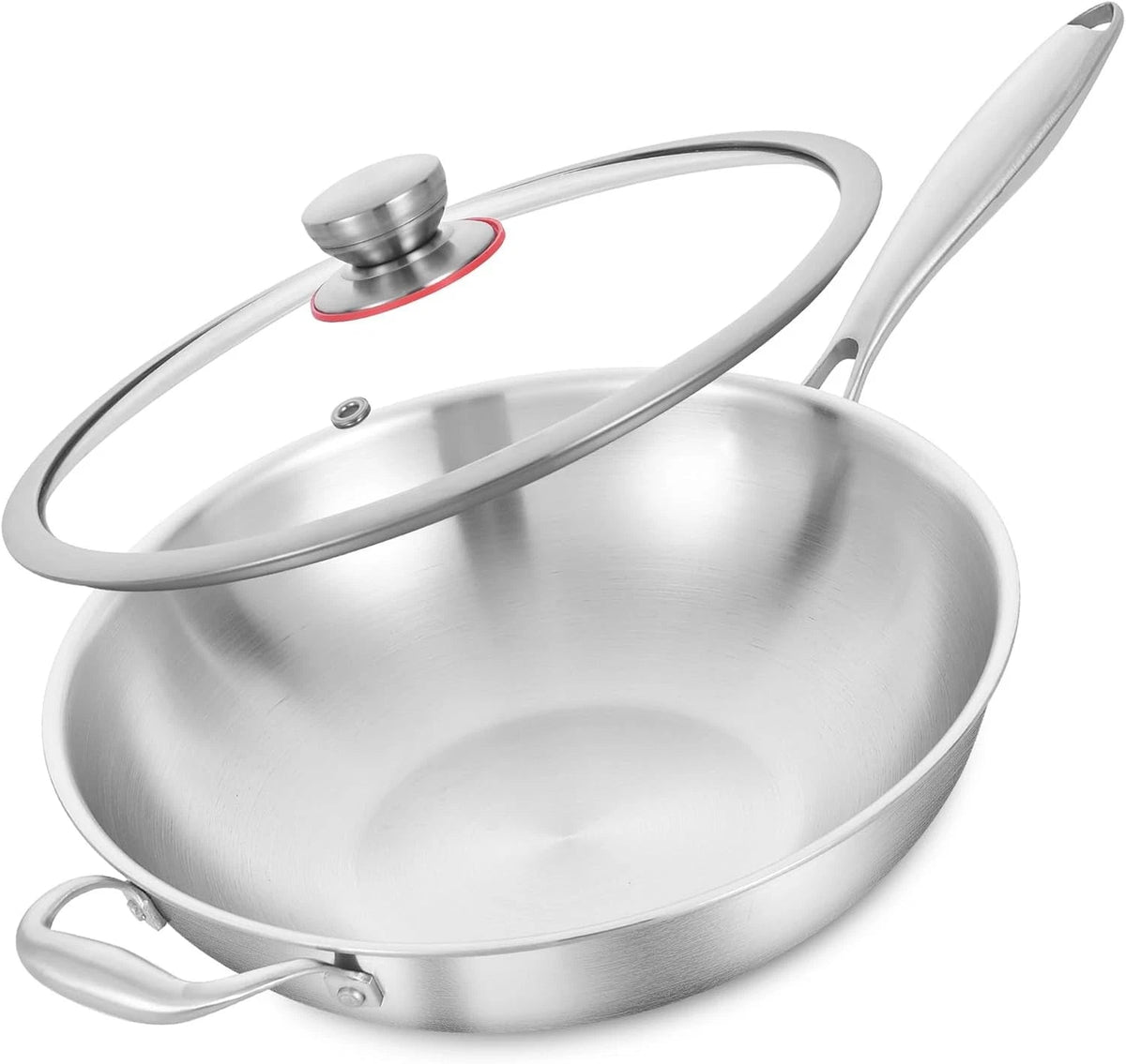 13''Stainless Steel Wok Pan with Lid, Stir-Frying Pan,Induction Cooking Pan 07FC0E-D4 - KOEEK