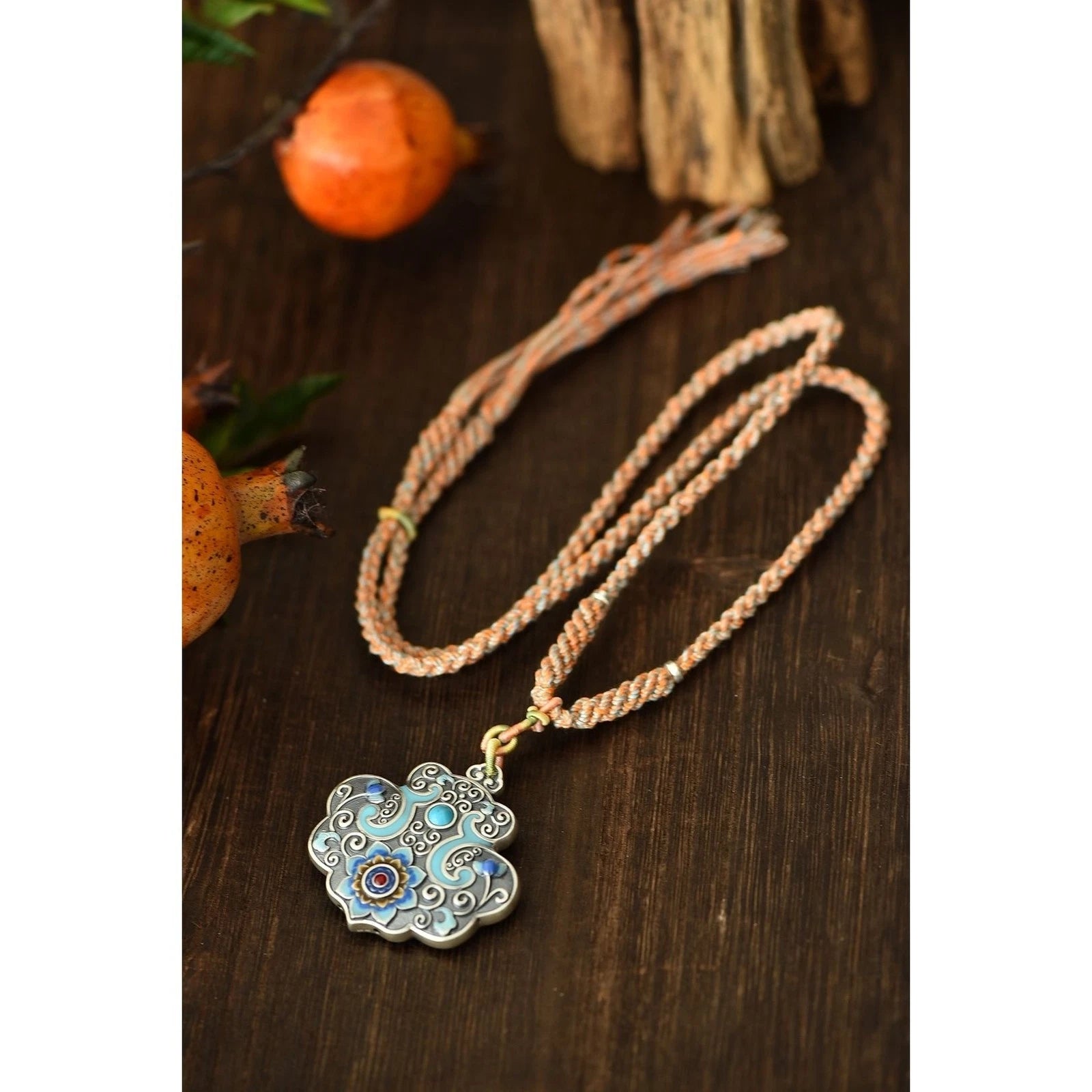 Silver Plated Enamel Locket Necklace 45mm Chinese Style Handmade Pendant Cord 07FC0E-D4 - KOEEK