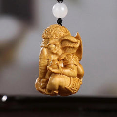 Boxwood Carved Elephant God Figurine Keychain Pendant Wood Statue Car Hanging 07FC0E-D4 - KOEEK
