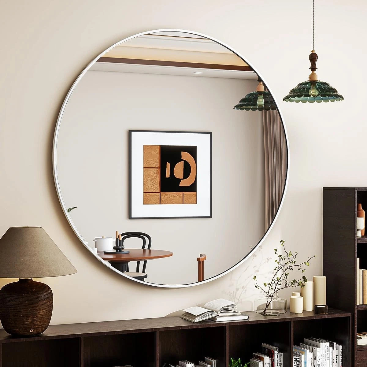White Round Mirror, 30 Inch Bathroom Mirror with Metal Frame 07FC0E-D4 - KOEEK