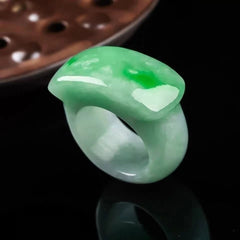 Natural Green Hetian Jade Saddle Ring Chinese Jadeite Amulet Fashion Charm 07FC0E-D4 - KOEEK