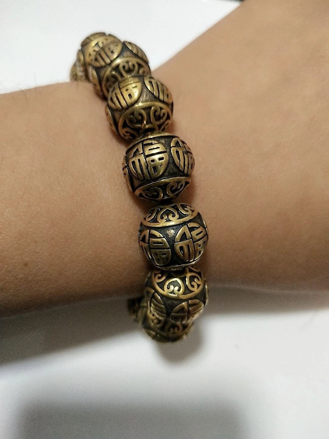 21mm Brass Vintage Fu Character Bracelet Men’s Hand Bead 07FC0E-D4 - KOEEK