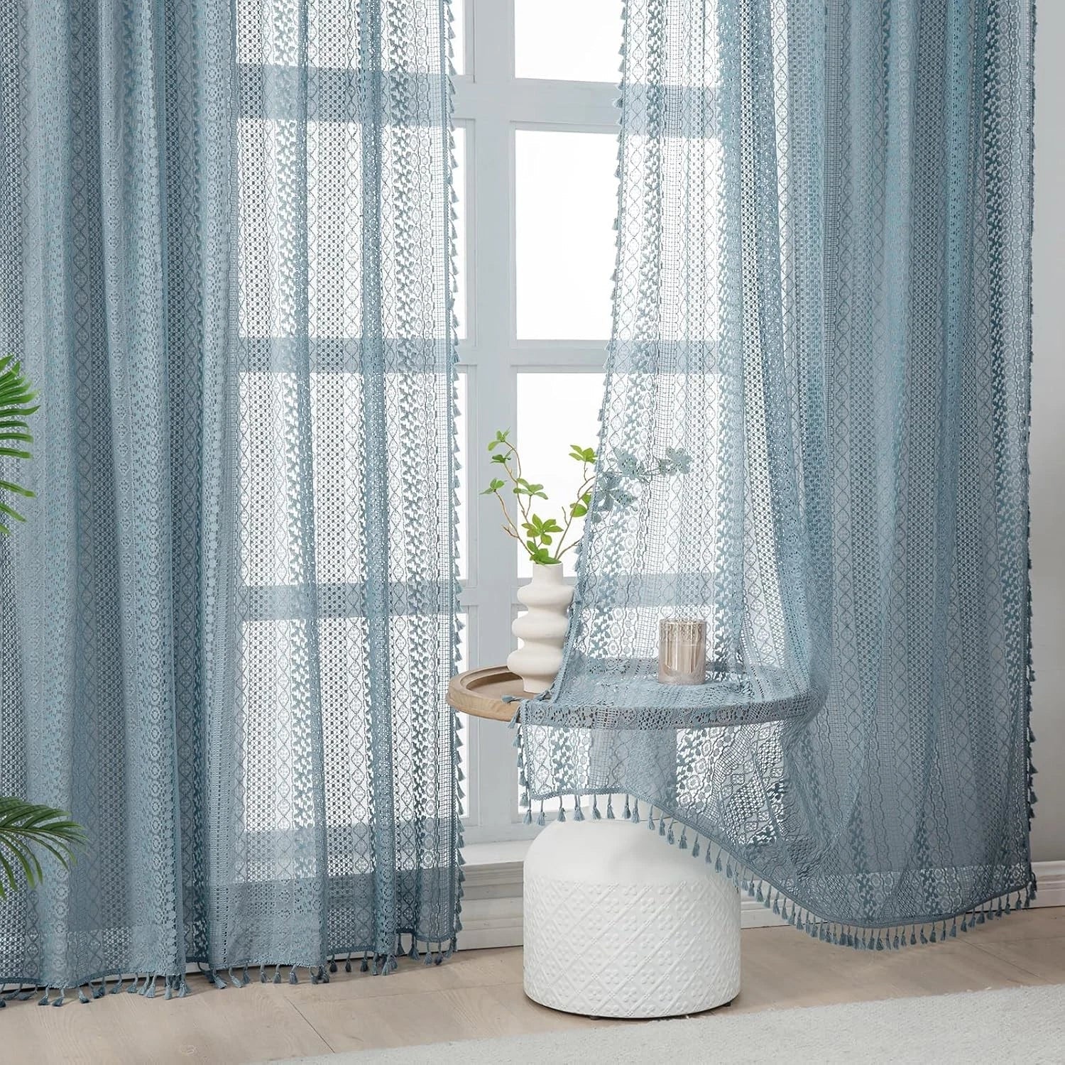 2 cotton sheer slate blue curtains, 63 inches long 07FC0E-D4 - KOEEK